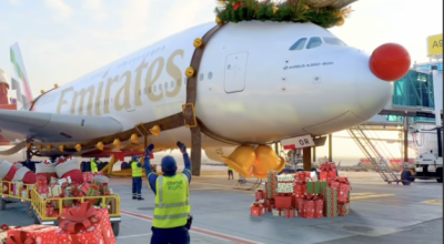 فيديو غير حقيقي لطائرة تابعة لطيران الإمارات تجرّ عربة بابا نويل