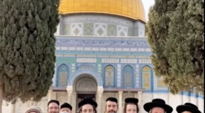 فيديو مولد بالذكاء الاصطناعي لمجموعة من اليهود يحملون العلم الفلسطيني عند قبة الصخرة