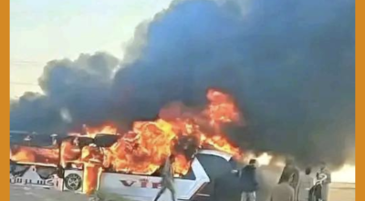 صورة قديمة لاحتراق حافلة نقل  في مأرب وليست حديثة