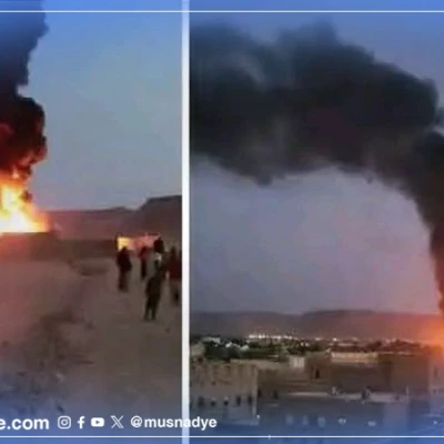 صورة قديمة لاحتراق مصفاة نفط غير رسمية في وادي حضرموت