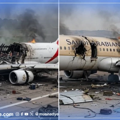 الصورة لطائرة مدنية مدمّرة مولَّدة بالذكاء الاصطناعي، وليست للسعودية أو الإمارات.