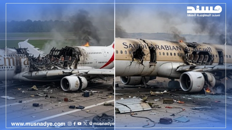الصورة لطائرة مدنية مدمّرة مولَّدة بالذكاء الاصطناعي، وليست للسعودية أو الإمارات.