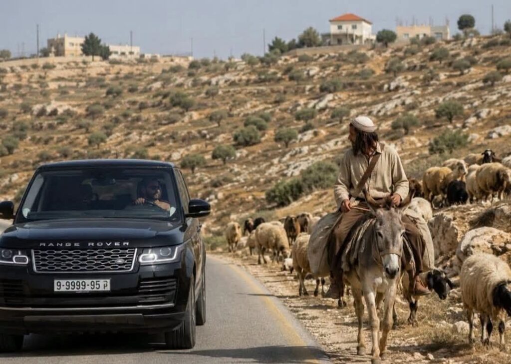 صورة المستوطن على الحمار بجانب مركبة فارهة مولدة بالذكاء الاصطناعي 