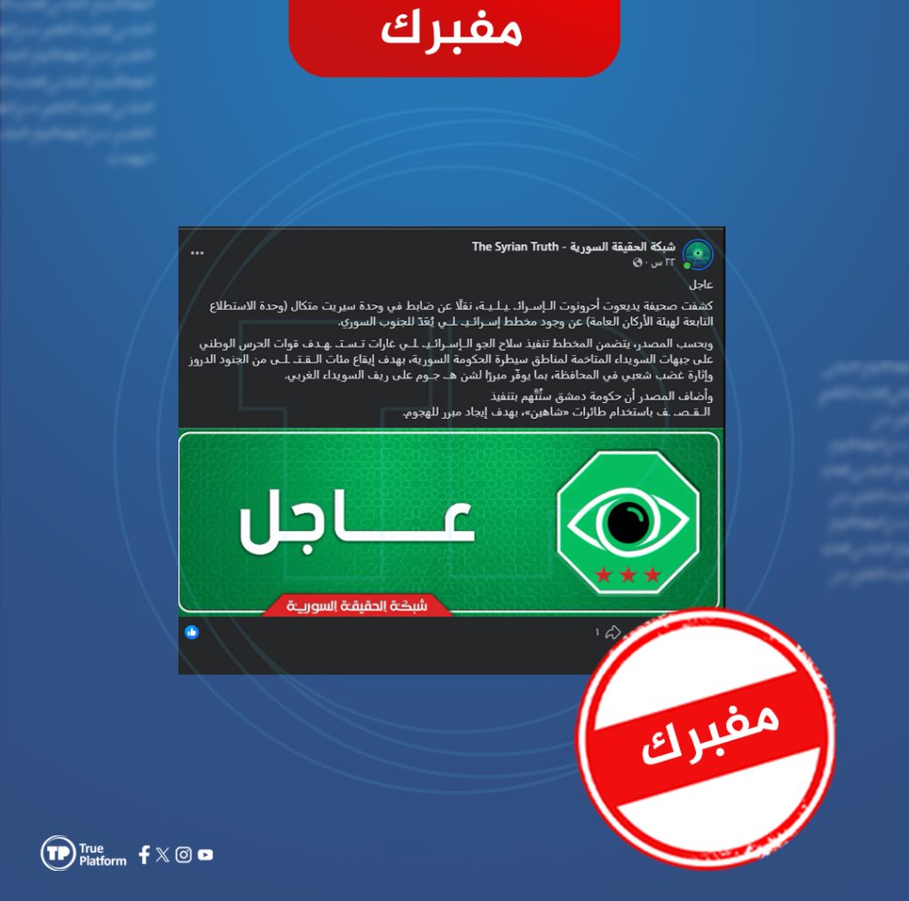 مفبرك.. ادعاء ينسب إلى “يديعوت أحرونوت” مخططاً إسرائيلياً لاستهداف مقاتلين من “الحرس الوطني” في السويداء