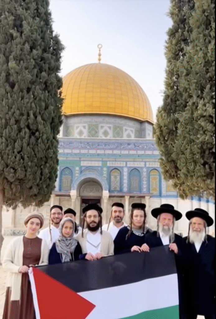 فيديو مولد بالذكاء الاصطناعي لمجموعة من اليهود يحملون العلم الفلسطيني عند قبة الصخرة