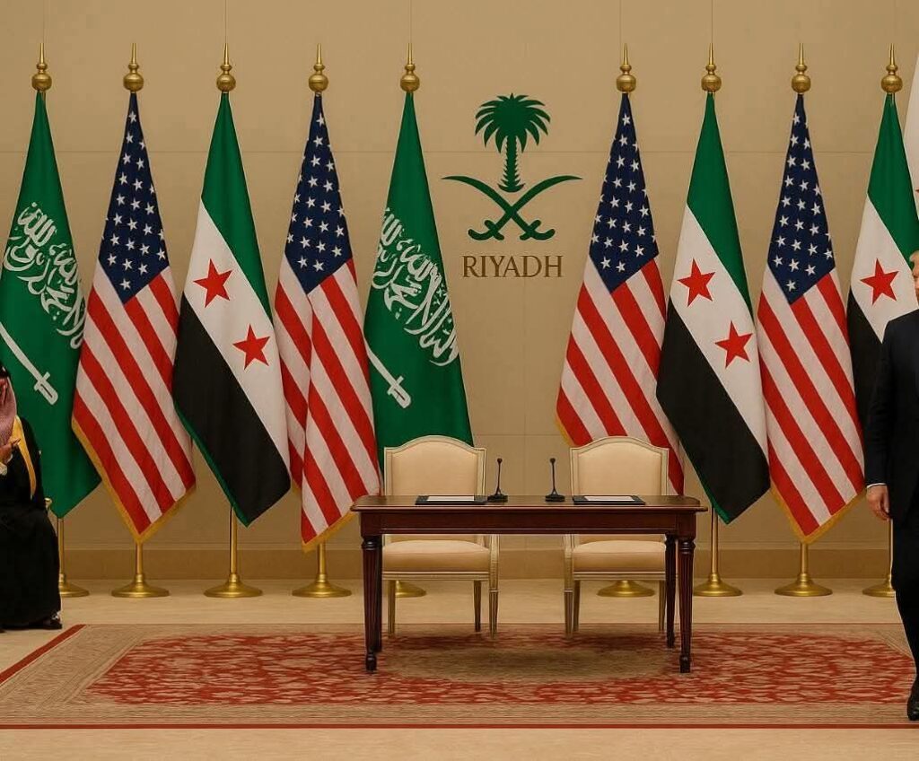 الصورة لأعلام سوريا والسعودية والولايات المتحدة غير صحيحة ومولدة بالذكاء الصناعي