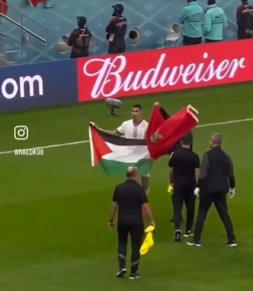 احتفال المنتخب المغربي برفع العلم الفلسطيني يعود إلى كأس العالم 2022. 
